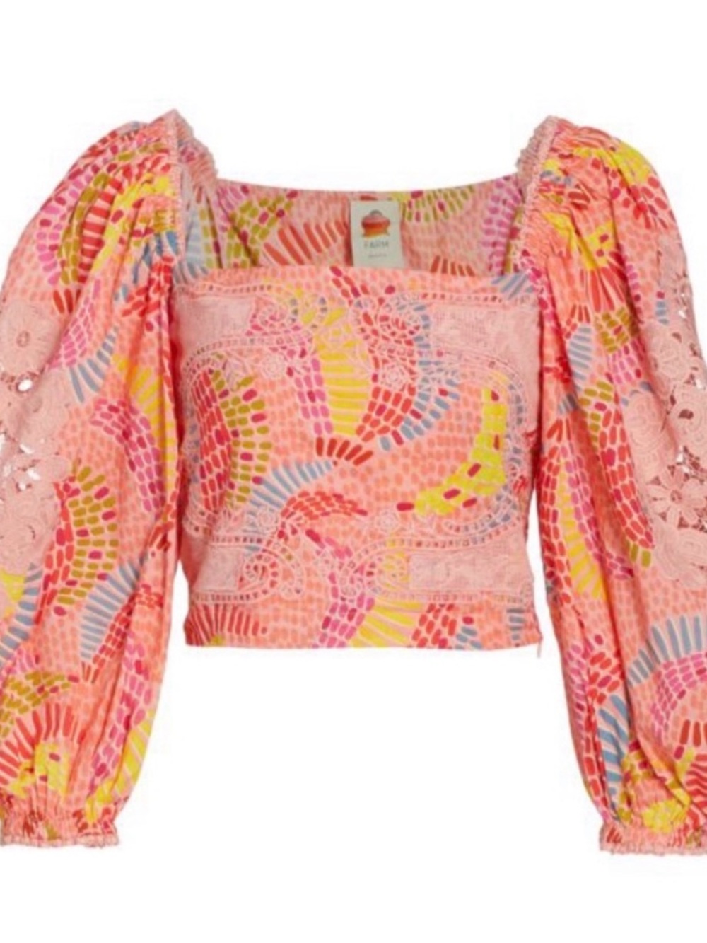 FARM Rio Pink Multicolor Smocked Square-Neck Puff Sleeve Crop Top